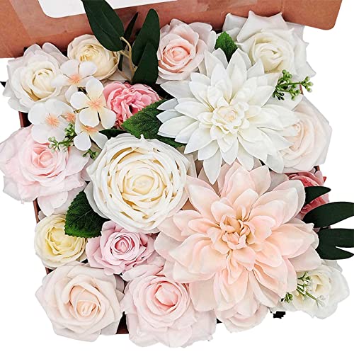 Fouriding künstliche gefälschte Rosen Blumen für DIY Hochzeit Blumensträuße Centerpieces Arrangements Valentinstag Muttertag Baby Dusche Geburtstag Torte Home Decoration (Rosa Weiß) von Fouriding