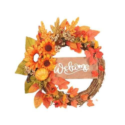 Herbstkranz Haustür Künstlicher Kürbis Ahornblätter Halloween Kranz Thanksgiving Girlande Heimdekoration für Bauernhaus Schaufenster Kamin Haustür (Sonnenblume Kürbis 40 cm) von Fouriding