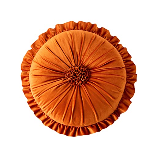 Rundes Kissen, Samt, gerüschte Blume, Bodenkissen, Heimdekoration, Kissen für Sofa, Stuhl, Bett, Wohnzimmer (35 x 35 cm, Orange) von Fouriding