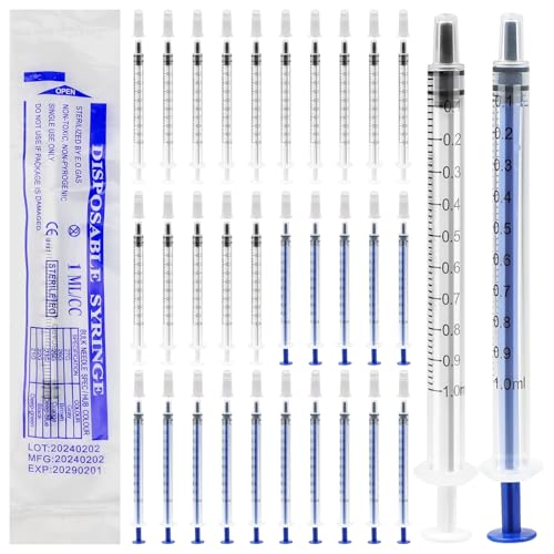 30 Stück 1ml Spritze Steril, 1ml Kunststoff Futterspritze Ohne Nadel, Dosierspritze in Einzelverpackung, Kappe Kunststoff Spritze, Kolostrum Spritze für Wissenschaftliche Labore, Haustierfütterung von Fourindo