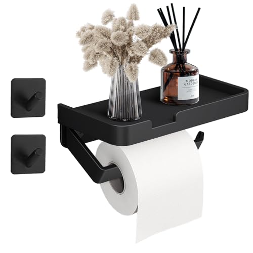 Fourindo Toilettenpapierhalter Ohne Bohren，Klopapierhalter Selbstklebend mit Ablage WC Rollenhalter Klorollenhalter mit 2 Stück Handtuchhaken Halter für Badzimmer und Küche,Schwarz Matt von Fourindo