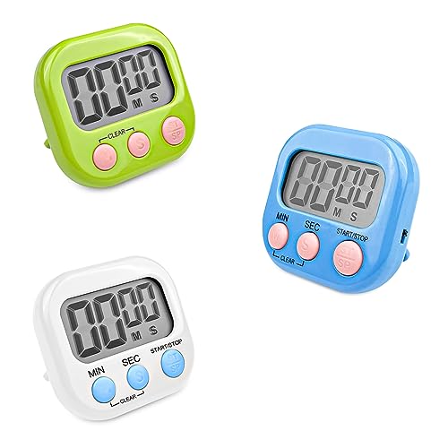 Fousenuk 3 Stück Eieruhr mit 3 Farben, Timer Digital, Küchentimer Küche, Kurzzeitwecker Magnetisch, Stoppuhr mit Einklappbarer Ständer, Timer mit Großem LCD-Display für Kochen Backen Sport Studieren von Fousenuk