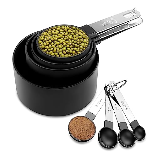 Fousenuk 8 Stück Messlöffel Set, Messbecher Set Edelstahl für Messen Flüssigkeiten und Feststoffe mit 4 Measuring Cups und 4 Löffel, Messwerkzeug von Küchen, Dosierlöffel für Backmessen von Fousenuk