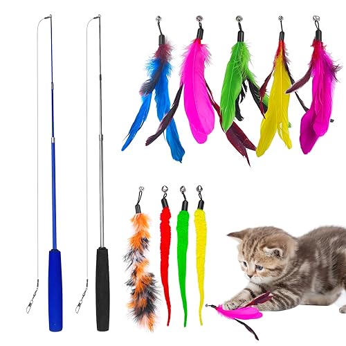 Fousenuk Katzenangel Stabil mit Federn, 12er Packung Katzenspielzeug Intelligenz, Cat Toy, die Katzenangelstange Ist 31cm Lang Kann auf 83cm Verlängert Werden, Federspielzeug für, Beschäftigung von Fousenuk