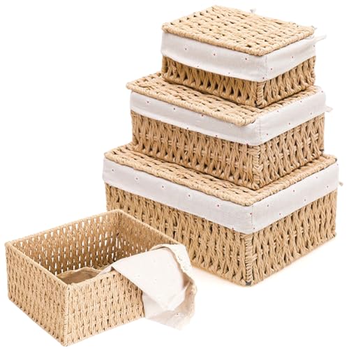 3 Stück Aufbewahrungskorb mit Deckel, Korb Geflochten aus Papierseil, Boho-Decor Körbchen mit Futter, Multifunktionale Aufbewahrung Korb Aufbewahrungsbox von Fouvin