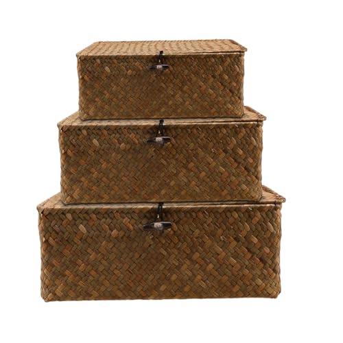 3 Stück Aufbewahrungskorb mit Deckel, Rattan Aufbewahrung Korb, Natürliches Seegras Geflochtener Regalkörbe, Multifunktionale Aufbewahrungsbox (B) von Fouvin