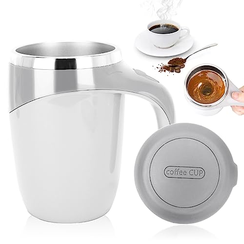 Fouvin Selbstrührende Tasse Mit Deckel, 380ML Edelstahl Elektrischer Selbstrührender Kaffeebecher self stirring muge für Kaffee Milch heiße Schokolade Eiweißshakes(Weiß) von Fouvin