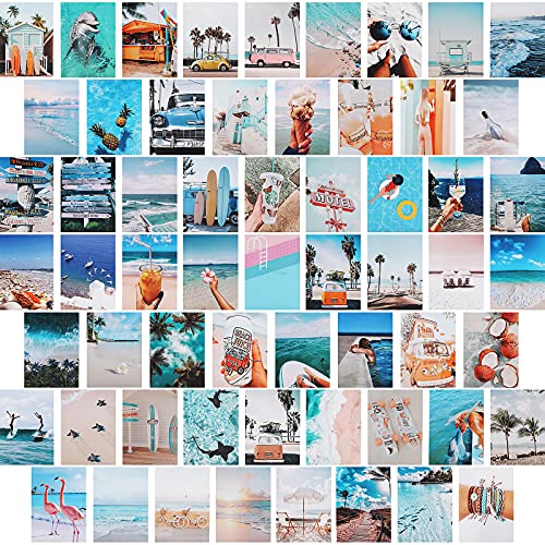 Fouvin 60 Stück Sommer Ästhetisches Bild für Wandcollage, 4x6 Zoll Sommer Strand Collage Druck Kit, Mode-Raum-Dekor für Mädchen Blau Wandkunstdruck VSCO Poster Wohnheim Fotoanzeige zu Schlafzimmer von Fouvin