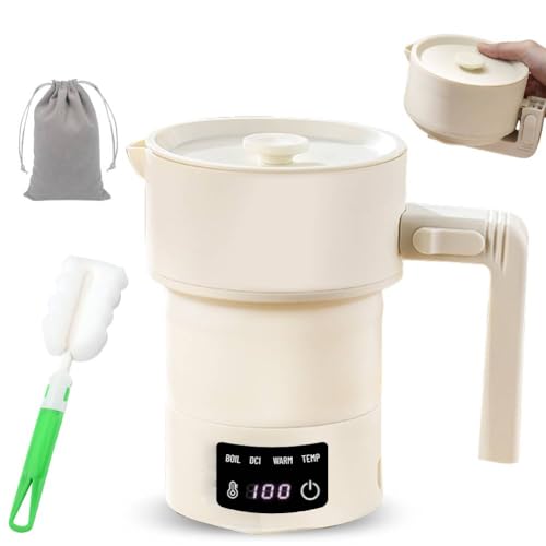 Faltbarer Wasserkocher, 0.6L Silikon Faltbarer Reisewasserkocher, Tragbarer Mini Camping Wasserkocher, Edelstahlboden Warmhaltefunktion 5 Minuten Schnelles Kochen für Küche Reise Camping von Fouvin