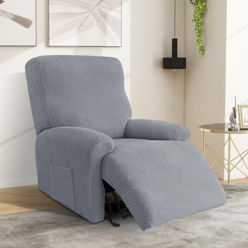 Fouvin 4er-Set Stretch Sesselbezug mit Taschen – Einfarbiger Stretch-Bezug für Relaxsessel, Sesselschoner für Fernsehsessel & TV-Sessel, Armlehnenschoner für Sessel (Hellgrau) von Fouvin