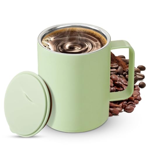 Fouvin Kaffeebecher, 400ml Edelstahl Thermobecher mit henkel, Doppelwandiges Vakuum Therm, Kaffeetasse mit Schiebedeckel, Teetasse (Grün) von Fouvin