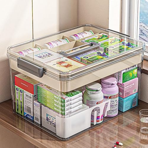 Fouvin Medikamenten Aufbewahrung, Doppelschichtig Medicine Organizerbox, Kunststoff Aufbewahrungsbox Medikamente Erste Hilfe Box, Medikamentenbox Groß, Apothekenbox mit Tragegriff, für Medikamente von Fouvin