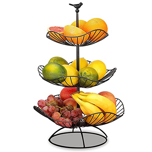 Fouvin Obst Etagere 3 Stöckig Obstkorb Schwarz Obstschale für Mehr Platz auf der Arbeitsplatte - Hält Obst & Gemüse Frisch - Metall Obstständer mit 3 Aufbewahrungsschalen Größe: 31cm 25cm 20cm von Fouvin