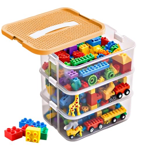 Kinder Aufbewahrungsboxen mit Deckel, Stapelbar Kunststoff Aufbewahrung Transparent mit FäChern, mit Gebäude Grundplatte Deckel und Abnehmbarem Tablett, 3 Stufen Stapelboxen Bausteine Boxen (Gelb) von Fouvin