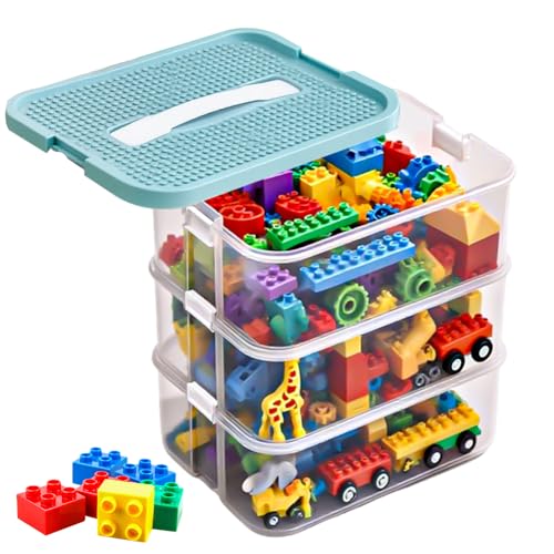 Kinder Aufbewahrungsboxen mit Deckel, Stapelbar Kunststoff Aufbewahrung Transparent mit FäChern, mit Gebäude Grundplatte Deckel und Abnehmbarem Tablett, 3 Stufen Stapelboxen Bausteine Boxen (Grün) von Fouvin