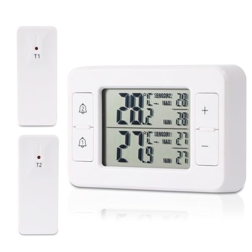 Kühlschrankthermometer, Gefrierschrank Thermometer mit 2 kabellosen Sensoren, Thermometer Innen Außen, Temperatur Alarm, MIN/MAX, Temperaturtrendanzeige Pfeil Kühlschrankthermometer, Gefrierschrank Thermometer mit 2 kabellosen Sensoren, Thermometer Innen Außen, Temperatur Alarm, MIN/MAX, Temperaturtrendanzeige Pfeil von Fouvin