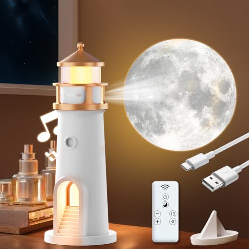 Leuchtturm Deko Mit Licht, Mondprojektion Leuchtturm Lampe Leuchtturm Lampe LED Licht Mit Bluetooth Funktion, Projektion Leuchtturm Lampe Für Schlafzimmer Wohnzimmer von Fouvin