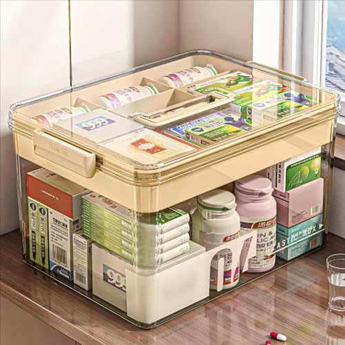 Medikamenten Aufbewahrung, Doppelschichtig Medicine Organizerbox, Kunststoff Aufbewahrungsbox Medikamente Erste Hilfe Box, Medikamentenbox Groß, Apothekenbox mit Tragegriff, für Medikamente (Teefarbe) von Fouvin