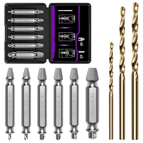 Schraubenausdreher Set Bit Set 9 Stück, Hergestellt aus HSS 6542, Härtegrad HRC 63-65, Linksausdreher Set mit 3 Spiralbohrer, Schrauben Ausdrehwerkzeug, Zum Bohren und Entfernen beschädigter Schrauben Schraubenausdreher Set Bit Set 9 Stück, Hergestellt aus HSS 6542, Härtegrad HRC 63-65, Linksausdreher Set mit 3 Spiralbohrer, Schrauben Ausdrehwerkzeug, Zum Bohren und Entfernen beschädigter Schrauben von Fouvin