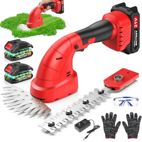 21V Heckenschere Akku 2-in-1 Elektrisch Strauchschere Grasschere mit 2 Stück 2000mAh Akku und Ladegerät Gartenschere Elektrische Rasenschere mit 2 Messerlänge Schnittbreite Rasenkantenschneider von Fovendi