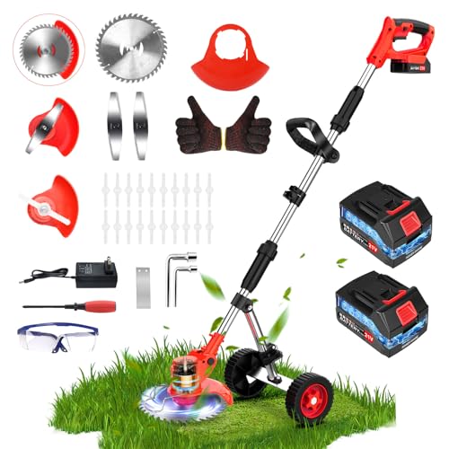 21V Rasentrimmer mit 3 Arten Messer Akku Rasentrimmer mit 2x2000mAh Akku und Ladegerät Freischneider Akku mit Teleskopstiel Leichter Elektrisch Rasenmäher Motorsense für Garten Radkantenschneider von Fovendi