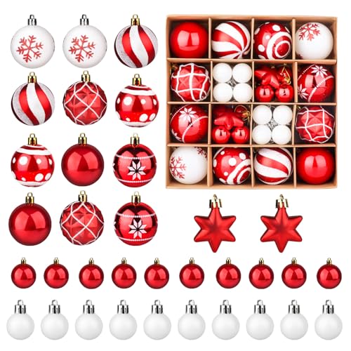 Fowecelt Weihnachtskugeln Kunststoff Baumschmuck Weihnachten - 42 Stück Christbaumkugeln Rot Weiß Weihnachtsdeko Baum Weihnachtsbaumkugeln von Fowecelt