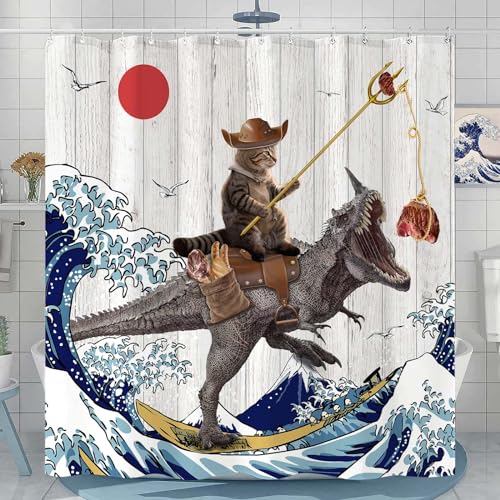 Fowocu Duschvorhang mit lustiger Katze, Dinosaurier, 190 cm lang, lustige coole Katze, japanische Ozeanwelle, wasserdichter Stoff, Duschvorhänge für Badezimmer, Kinder, rustikales Holz, Fowocu Duschvorhang mit lustiger Katze, Dinosaurier, 190 cm lang, lustige coole Katze, japanische Ozeanwelle, wasserdichter Stoff, Duschvorhänge für Badezimmer, Kinder, rustikales Holz, von Fowocu