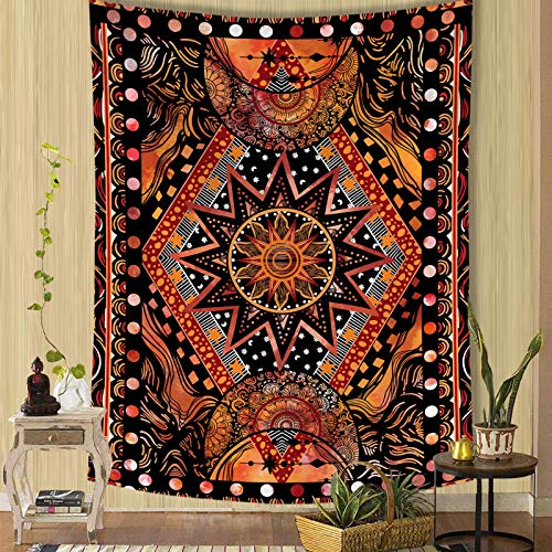 Fowocu Wandteppich mit Sonne und Mond, indisches Hippie-Mandala, cooler Wandteppich, ästhetischer Wandteppich für Schlafzimmer, Wohnzimmer, Wohnheim (Orange, 152,4 x 203,2 cm) von Fowocu