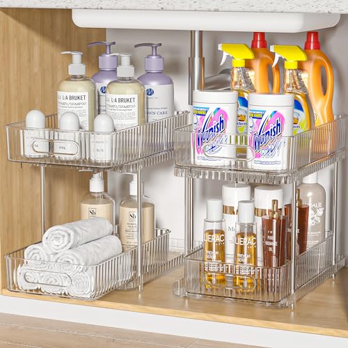 Fowooyeen Unterschrank Organizer, Schrank Organizer Küche, 2er Set Unter Waschbecken Regal, Schmaler Küchenschrank Organizer, Ausziehbares Standregal für Hängeschrank, Spüle & Bad - Transparent von Fowooyeen