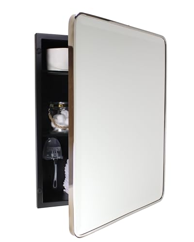 Fox Hollow Furnishings Austin Farmhouse Medizinschrank mit Metallrahmen, abgerundet, rechteckig, abgeschrägter Spiegel, 35,6 x 45,7 cm, Wandöffnung, pulverbeschichteter Stahl, Chrom mit schwarzer von Fox Hollow Furnishings