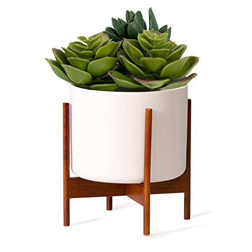 Fox&Fern Pflanzenständer WIDE- Blumenhocker inklusive Übertopf aus Keramik - Blumenständer aus nachhaltigem Holz (Akazie) - perfekt geeignet als Tischdekoration - Keramikübertopf in weiß von Fox & Fern