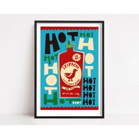Sriracha Hot Sauce Kunstdruck Leuchtend Blaues Mid-Century Wandbild von FoxAndVelvet