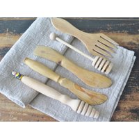 5Er Set Holz Butter Marmelade Messer Vintage Käseverteiler Holzgabel Holzmesser Servierverteiler Honiglöffel @206 von FoxBoxMarket