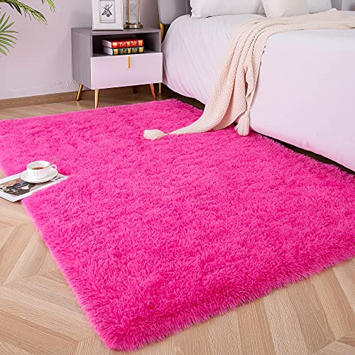 Foxmas Besonders weicher, Flauschiger Teppich für Schlafzimmer, Kinderzimmer, Plüsch, zottelig, Jungen, Mädchen, Studentenwohnheim, Teppich, Wohnzimmer-Dekoration, 91 x 152 cm, Hot Pink von Foxmas