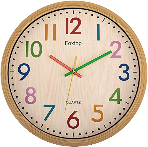 Foxtop Kinder Wanduhr Ohne Tickgeräusche Modern Lautlos Kinderuhr Bunt Uhr für Jungen Mädchen Kinderzimmer Schlafzimmer Küche Wohnzimmer Schule 30 cm von Foxtop