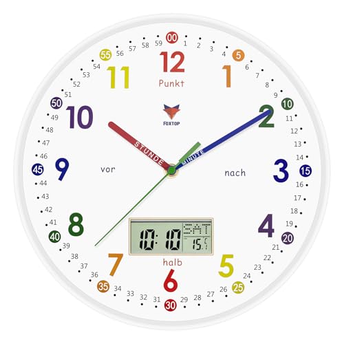 Foxtop Lernuhr Kinder - Lernuhr ohne Tickgeräusche - LCD-Display -Analoge Kinderuhr zum Lernen und Üben der Uhrzeit - Dekoratives Kinderzimmer,30 cm von Foxtop