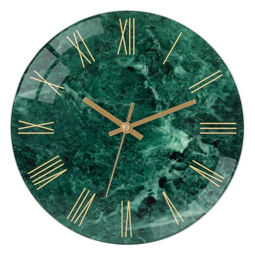 Foxtop Moderne Wanduhr Gehärtetem Glas 30 cm Marmor Design Geräuschlos Nicht tickend Dekorative Runde Uhr für Wohnzimmer, Schlafzimmer, Küche (Smaragd) von Foxtop