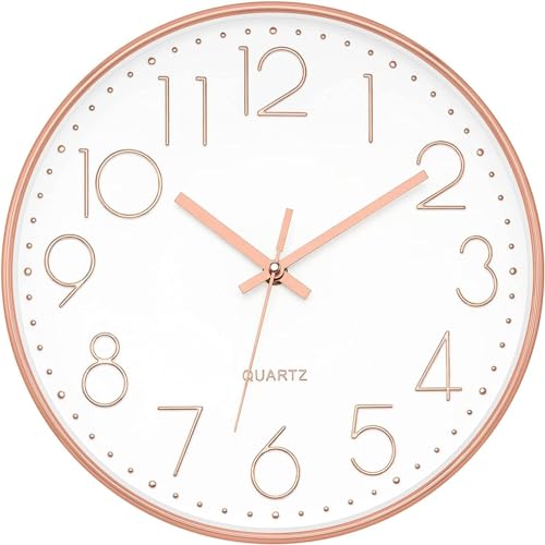Foxtop Silent Non-Ticking Round Modern Quartz Decorative Battery Operated Wall Clock for Living Room Bedroom Kids Room Office School (Rose Gold, 14 inch) von Foxtop