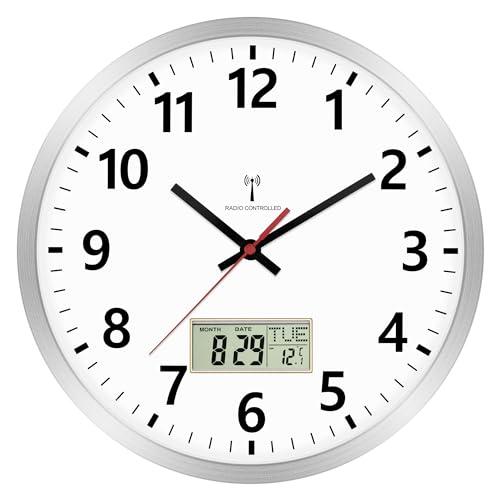 Foxtop Wanduhr Funk Digitale 30cm küchenuhr Funk Analog Wanduhr mit Temperatur und Datum LCD-Anzeige Uhr für Schlafzimmer, Badezimmer, Wohnzimmer von Foxtop