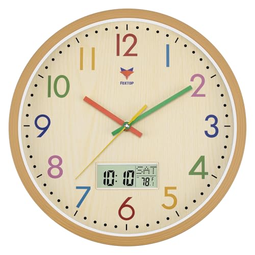 Foxtop Kinder Funk Wanduhr, Geräuschlos Lautlos, Kinderuhr Bunt Uhr für Jungen Mädchen Kinderzimmer Schlafzimmer Küche Wohnzimmer Schule 30 cm von Foxtop