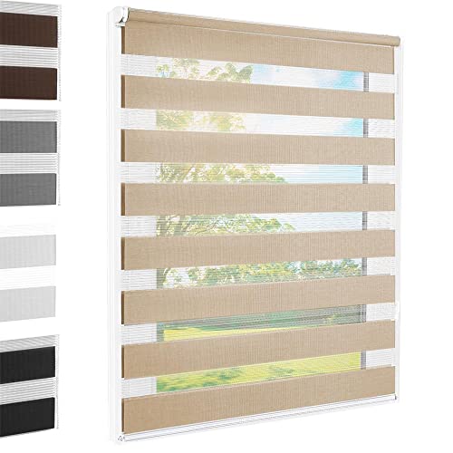 Doppelrollo Klemmfix Sand 105x140 cm Duo Rollo Fensterrollo für Fenster/Türen Gardine Klemmrollo ohne Bohren Seitenzugrollo Sichtschutz Sonnenschutzrollo Zebrarollo von Foxx