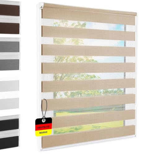 Doppelrollo Klemmfix Sand 60x140 cm Duo Rollo Fensterrollo für Fenster/Türen Gardine Klemmrollo ohne Bohren Seitenzugrollo Sichtschutz Sonnenschutzrollo Zebrarollo von FOXX