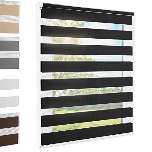 Doppelrollo Klemmfix Schwarz 65x220 cm Duo Rollo Fensterrollo für Fenster/Türen Gardine Klemmrollo ohne Bohren Seitenzugrollo Sichtschutz Sonnenschutzrollo Zebrarollo von FOXX