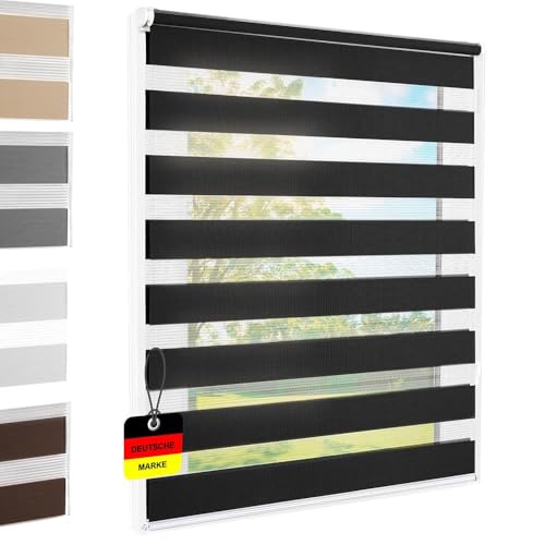 Doppelrollo Klemmfix ohne Bohren Schwarz 75x220 cm [Stoffbreite 71cm] Duo Rollo Fensterrollo für Fenster/Türen Gardine Klemmrollo Seitenzugrollo Sichtschutz Sonnenschutzrollo Zebrarollo von Foxx