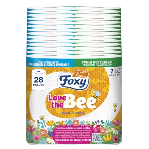 Foxy Love the Bee | 2-lagig | 28 Rollen | 66 Services pro Rolle | FSC-zertifiziert | 100% erneuerbare elektrische Energie | recycelbare Verpackung aus recyceltem Kunststoff von Foxy