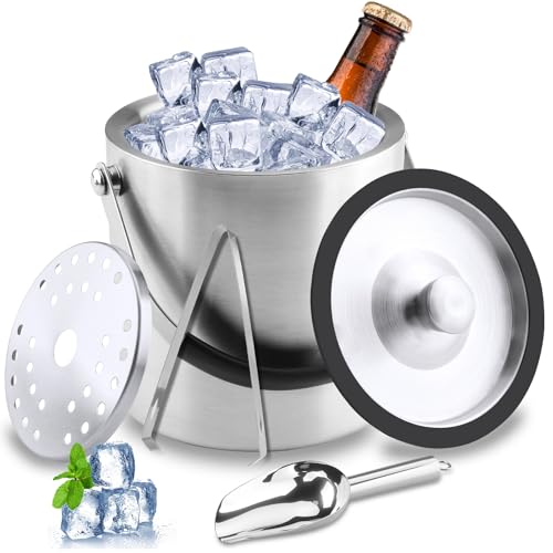 Foydream 1.6L Eiswürfelbehälter Edelstahl, Eisbehälter mit Deckel, Eiskübel für Eiswürfel Eiskübel mit Clips, Sieb und Schaufel, Perfekt zum Abkühlen von Getränken, Ice Cube Tray, Bier, Sektkühler von Foydream