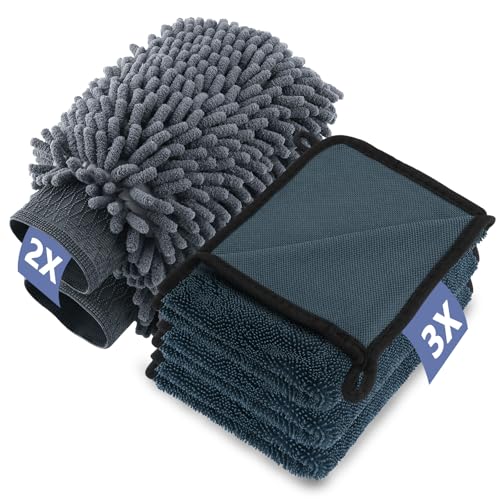 Foydream 5 Stück Waschhandschuh Auto, 3er Mikrofasertücher Set und 2er Auto Waschhandschuh Mikrofaser, 600 GSM Trockentuch Extra Saugstark Kratzfrei Polieren, Super Saugstark und Schonend, 40x30 cm von Foydream
