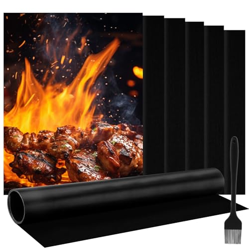 Foydream BBQ Grillmatte, 6er Set 40 x 33 cm Antihaft Grillmatten Wiederverwendbar, Hitzebeständig & Zuschneidbar Grillmatten für Holzkohle mit Silikonbürste, Grill Zubehör von Foydream