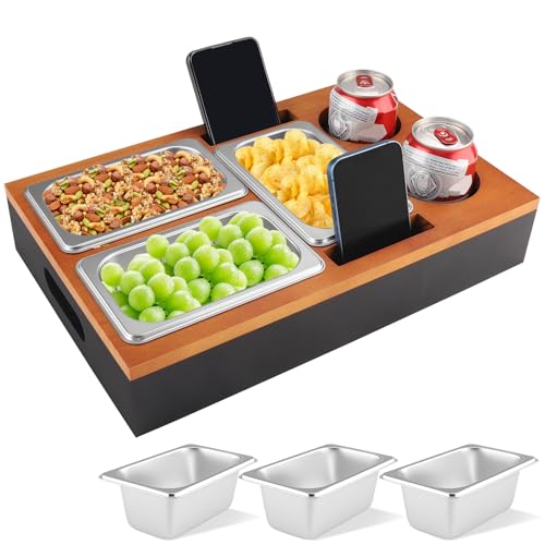 Foydream Couchbar Snackbox, Sofa Tablett Holz mit 3 Snackschalen, 2 Getränkehalter and Handyhalterung, Couch Bar Snackbar für Wohnzimmer Schlafzimmer Garten Camping, Schwarz von Foydream