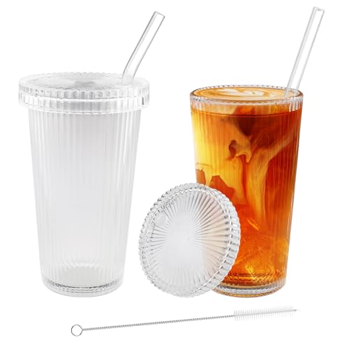 Foydream Trinkgläser mit Deckel und Strohhalm,2 Stück 375 ML Kaffeetasse Matcha Glas Bubble Gläser für Wasser Cocktails Eiskaffee Eistee und Soda von Foydream